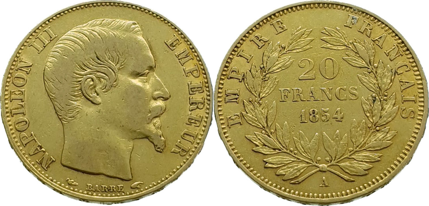 France 20 Francs 1854A Napoleon III Gold Very Fine+