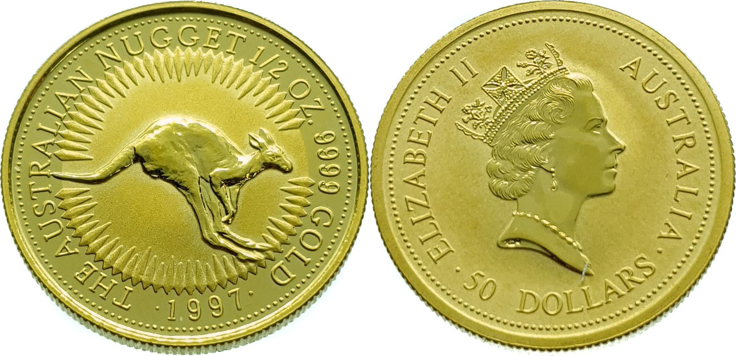 Australia 50 Dollars 1997 Kangaroo - Elizabeth II - 1/2 Oz Nugget Gold ...