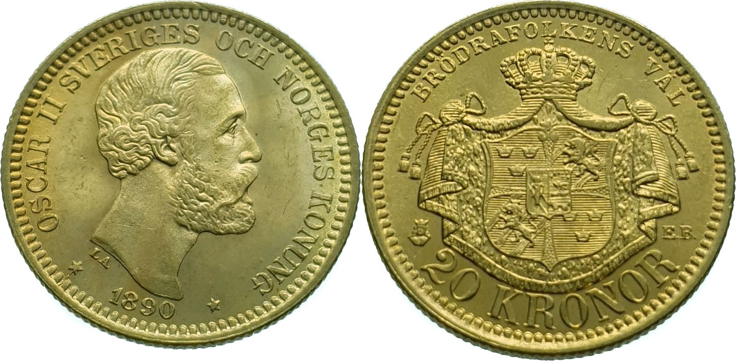 Sweden 20 Kronor 1890 EB Oscar II - Gold UNC (Uncirculated) | MA-Shops