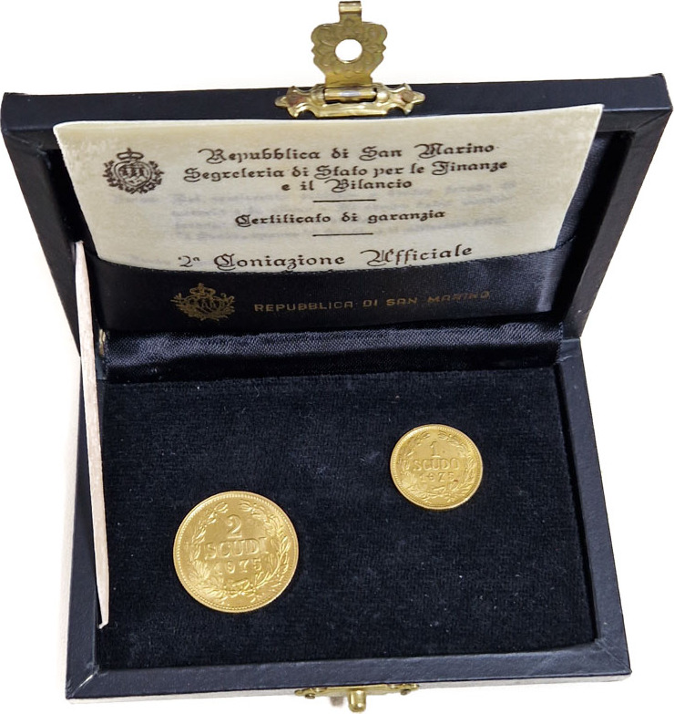 San Marino 1 Scudo + 2 Scudi Coinset 1975 Coat of Arms - Gold UNC ...