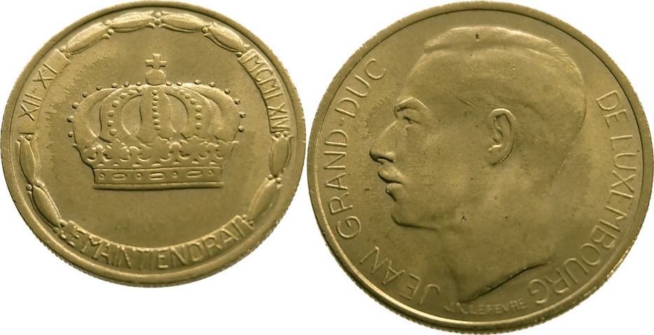 Luxembourg 20 Francs 1964 Jean Grand-Duc - Gold UNC (Uncirculated) | MA ...