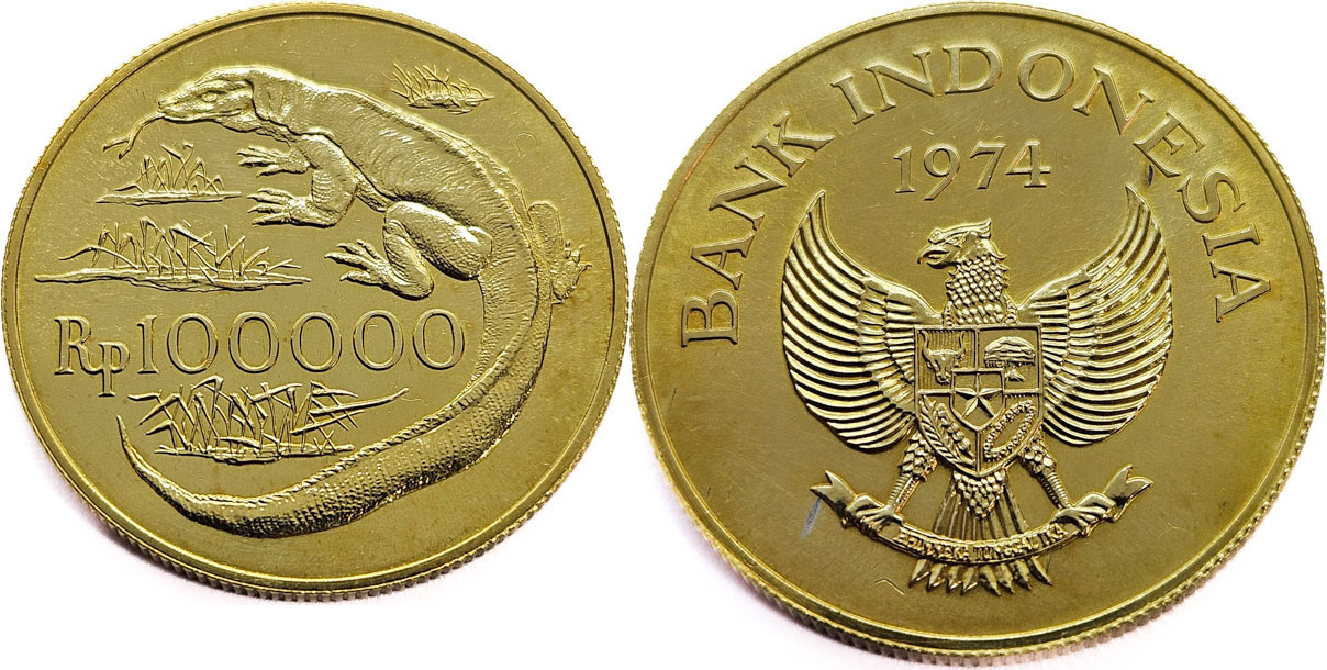 Indonesia 100000 Rupiah 1974 Komodo Dragon - Gold UNC (Uncirculated ...