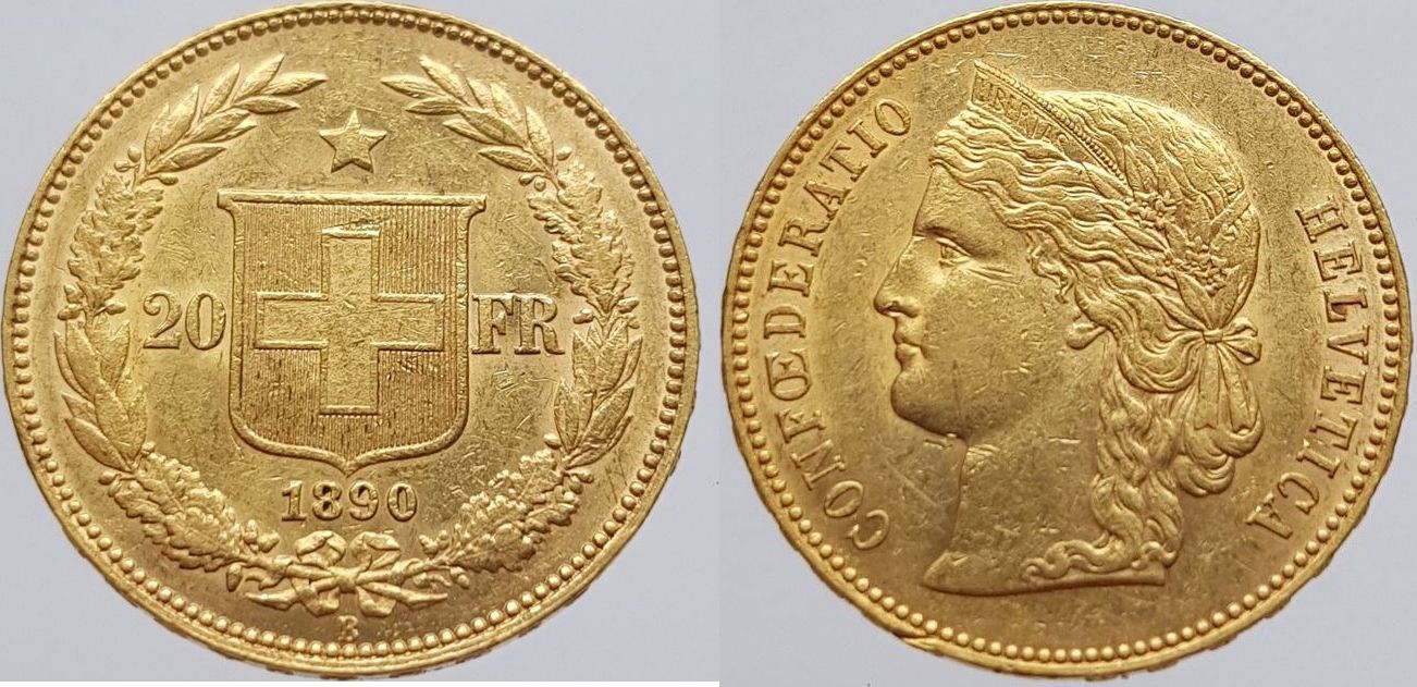 20 Francs Switzerland 20 Franc 1890 B Helvetia Gold Extremely