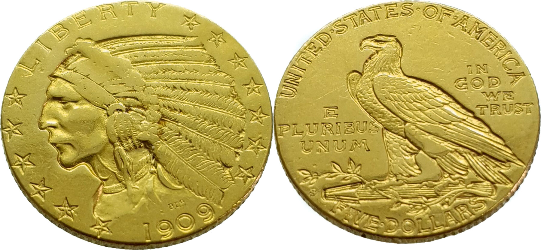 USA 5 Dollars 1909 Indian Head Gold VF / Extremely Fine