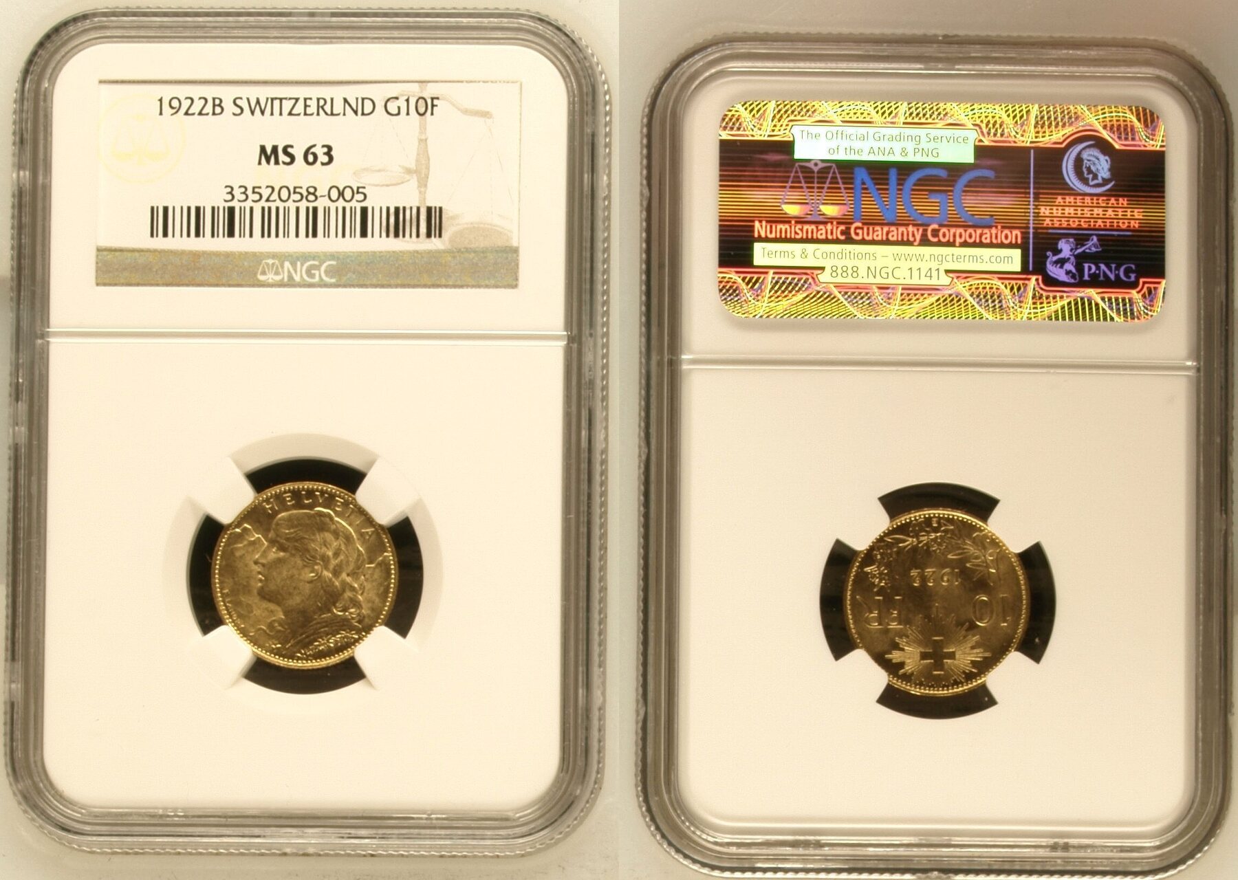 1922 B Switzerland 10 Franc 0.900 Gold Coin NGC MS 64 Helvetia Berne Mint  KM# 36