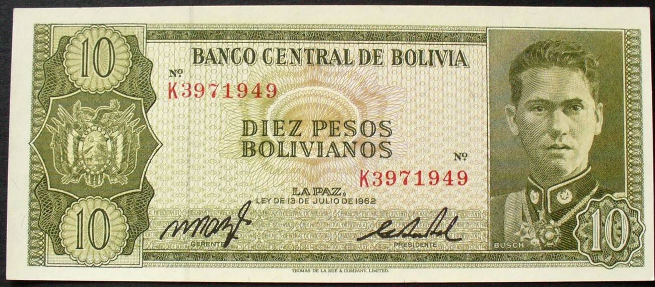 Bolivia P-154 10 Pesos Bolivianos Year 1962 Uncirculated Banknote South America 