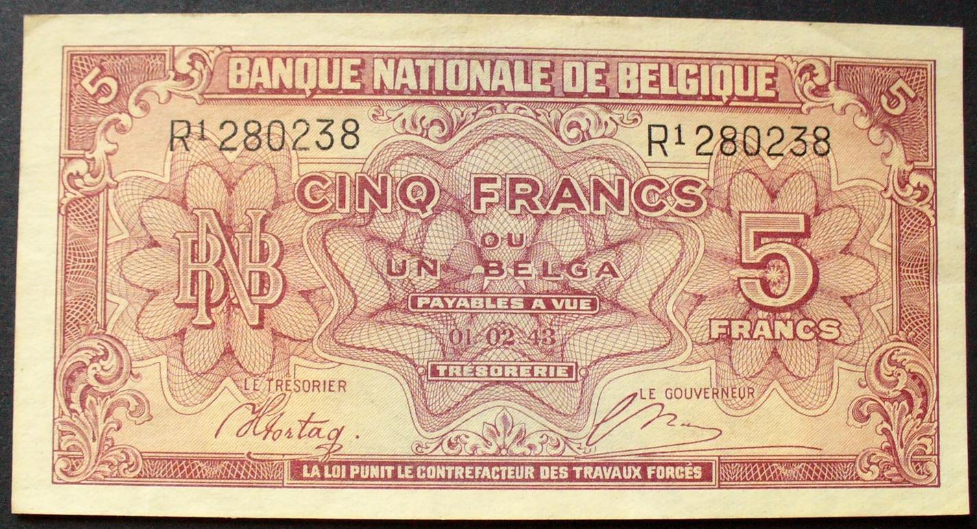 Купюры мм. 5 Франков 1943. Бельгийский Франк. 5 Франков банкнота. 5 Бельгийских франков.