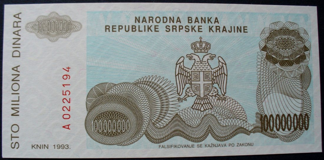 1993 p. Книнская Краина. Сербская Краина в Хорватии. 1000 Сербских динаров. 100000 Хорватских динаров.