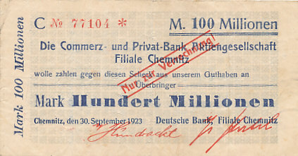 100 Mio Mark 30 September 1923 Deutsches Reich Sachsen Chemnitz