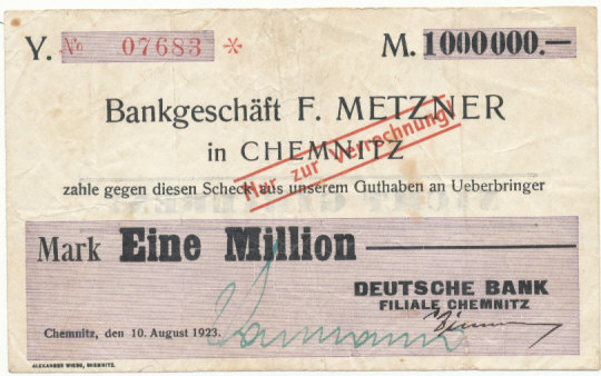 1 Mio Mark 10 August 1923 Deutsches Reich Sachsen Chemnitz