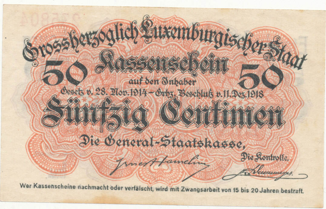 Luxemburg 50 Centimes 1914-1918 General-Staatskasse, VF+, | MA-Shops