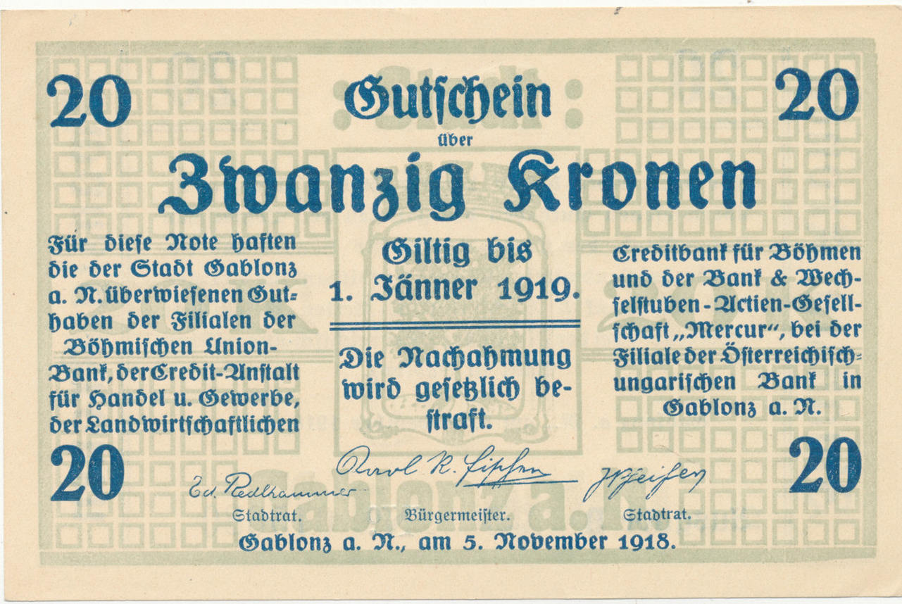 20 Kronen 1918 Osterreich Bohmen Und Mahren Gablonz A N Ef