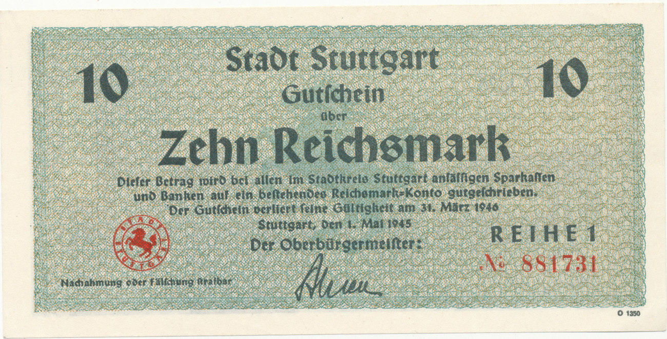 10 Mark 1 Mai 1945 Deutsches Reich Baden Wurtemberg Stuttgart