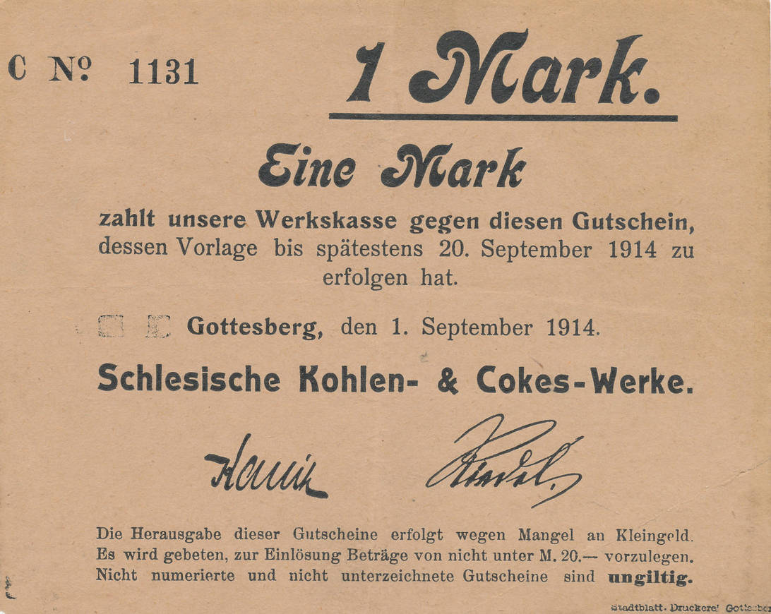 Deutsches Reich Schlesien 1 Mark 1914 Gottesberg Schlesische Kohlen Cokes Werke F Iv Ma Shops