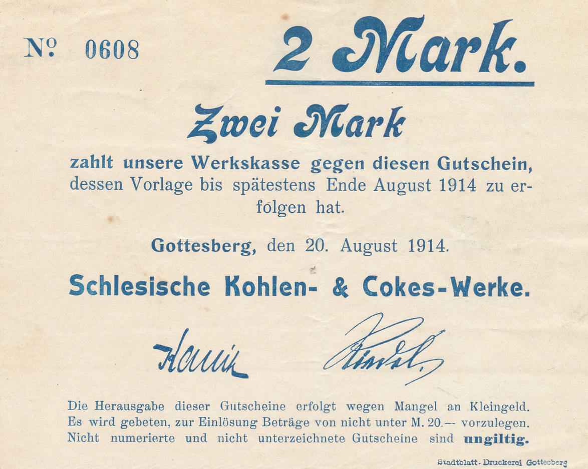 Deutsches Reich Schlesien 2 Mark 20 8 1914 Gottesberg Schlesische Kohlen Cokes Werke Vf Ma Shops