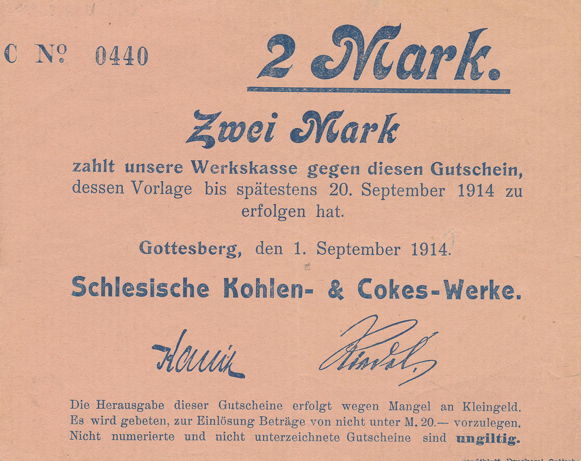 Deutsches Reich Schlesien 2 Mark 1 9 1914 Gottesberg Schlesische Kohlen Cokes Werke Vf Ma Shops