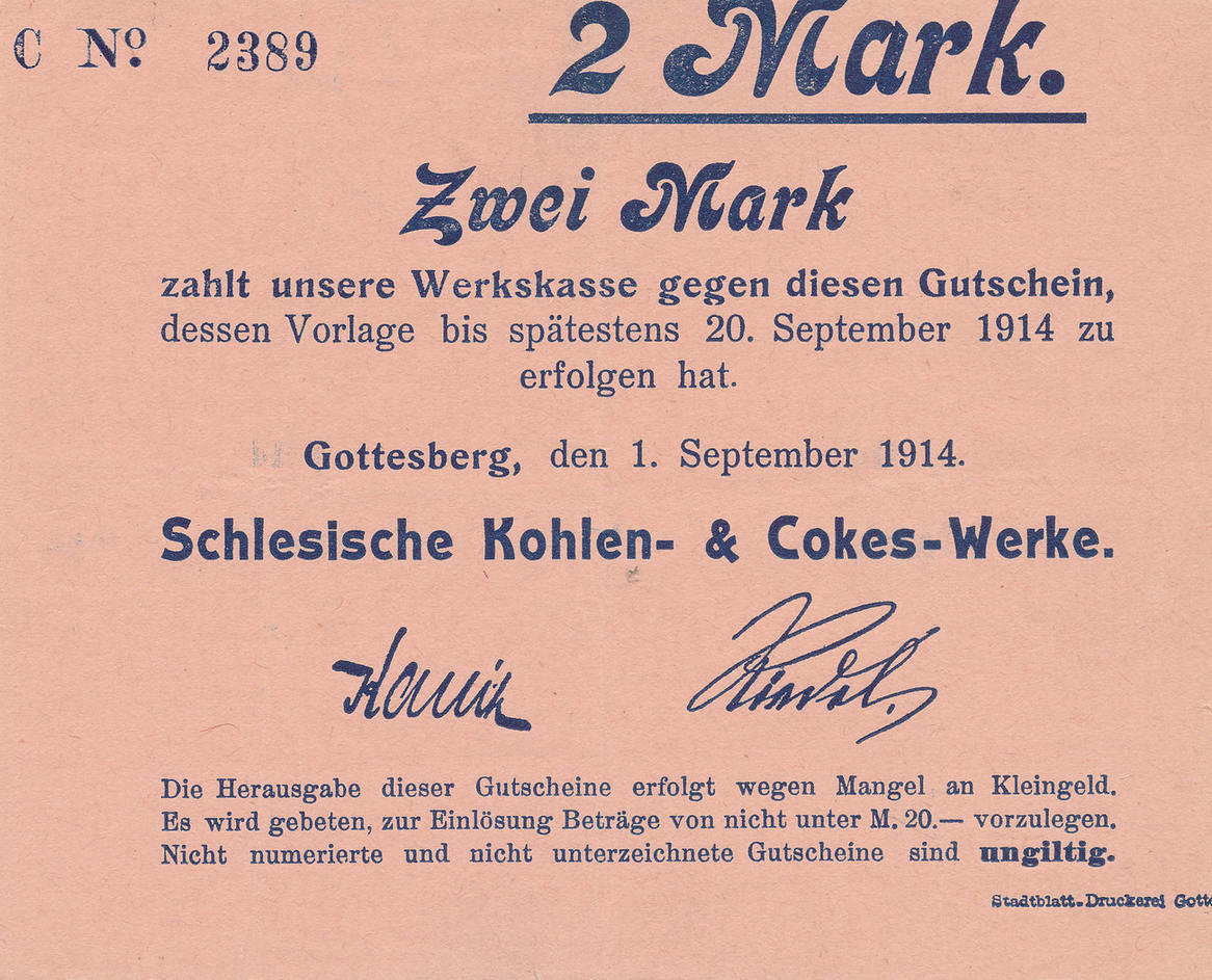 Deutsches Reich Schlesien 2 Mark 1 9 1914 Gottesberg Schlesische Kohlen Cokes Werke Vf Ma Shops