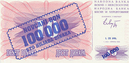 P 34a UNC 1992 BOSNIA 100000 ON 10 DINARA 1993 