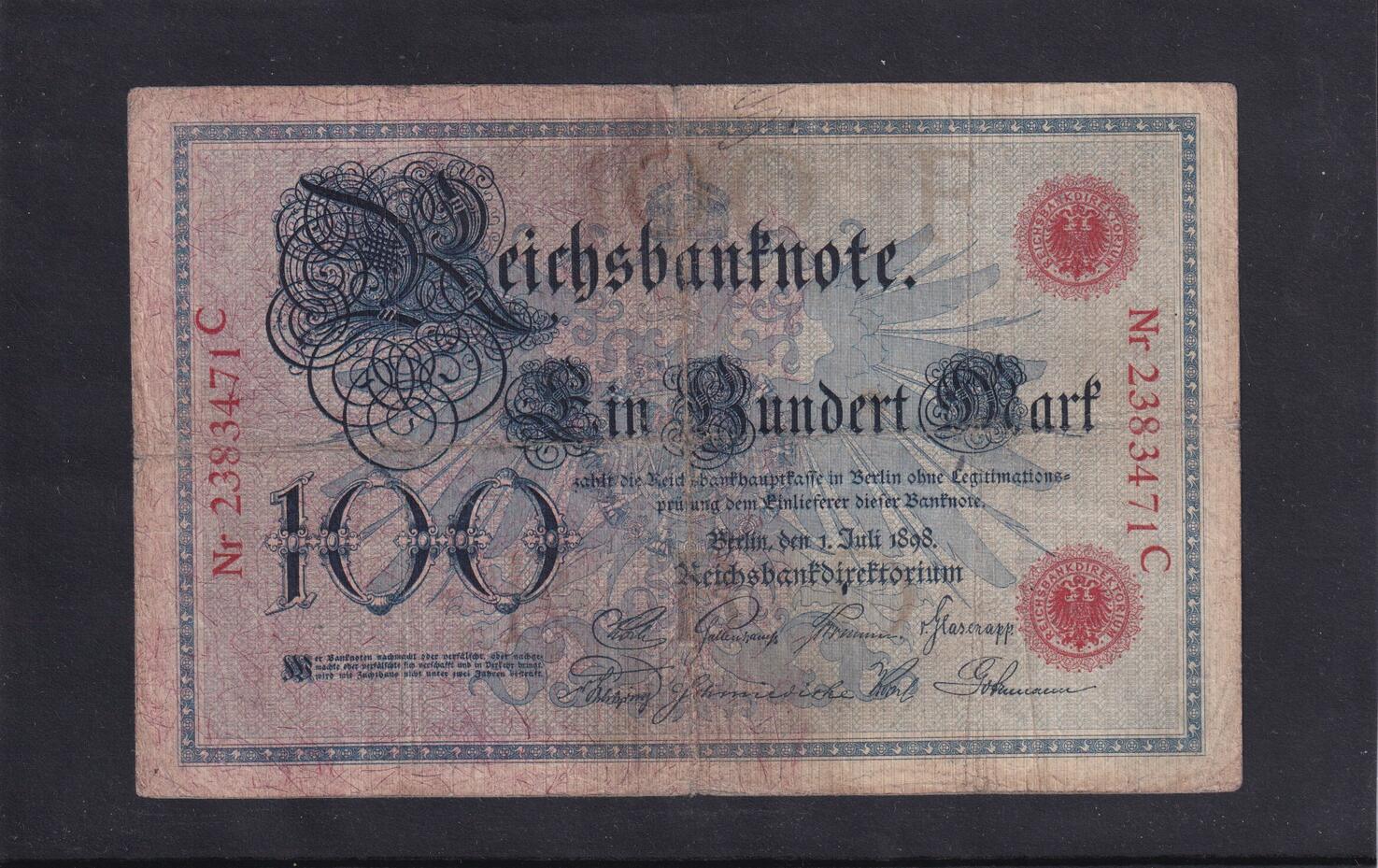 Deutsches Reich, Kaiserreich, 100 Mark 1898 Ro.17,DEU13, Serie C, Udr.Bst. F, F IV+, Deutsches Reich, Kaiserreich, 100 Mark 1898 Ro.17,DEU13, Serie C, Udr.Bst. F, F IV+,