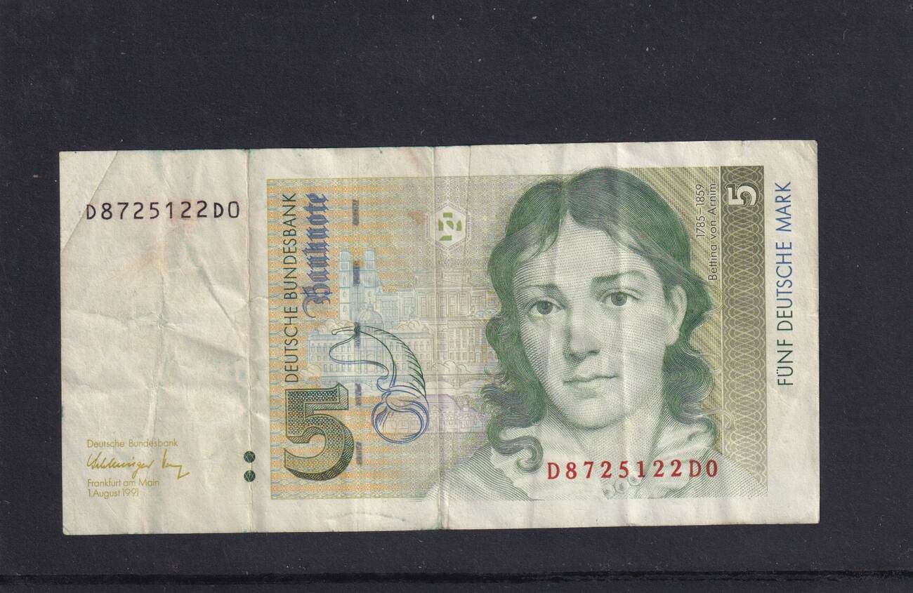 5 Deutsche Mark Schein 1991 Wert BRD, Deutsche Bundesbank, 5 Deutsche Mark 1991 Ro.296a, BRD-40a, Serie