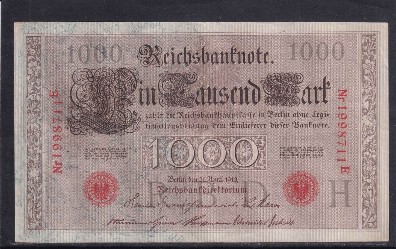 Reichsbanknote 1000 Mark 1910 Rotes Siegel Wert Kaiserreich, Deutsche Reichsbank, 1000 Mark 1910 Ro.45c,DEU-40c, Siegel