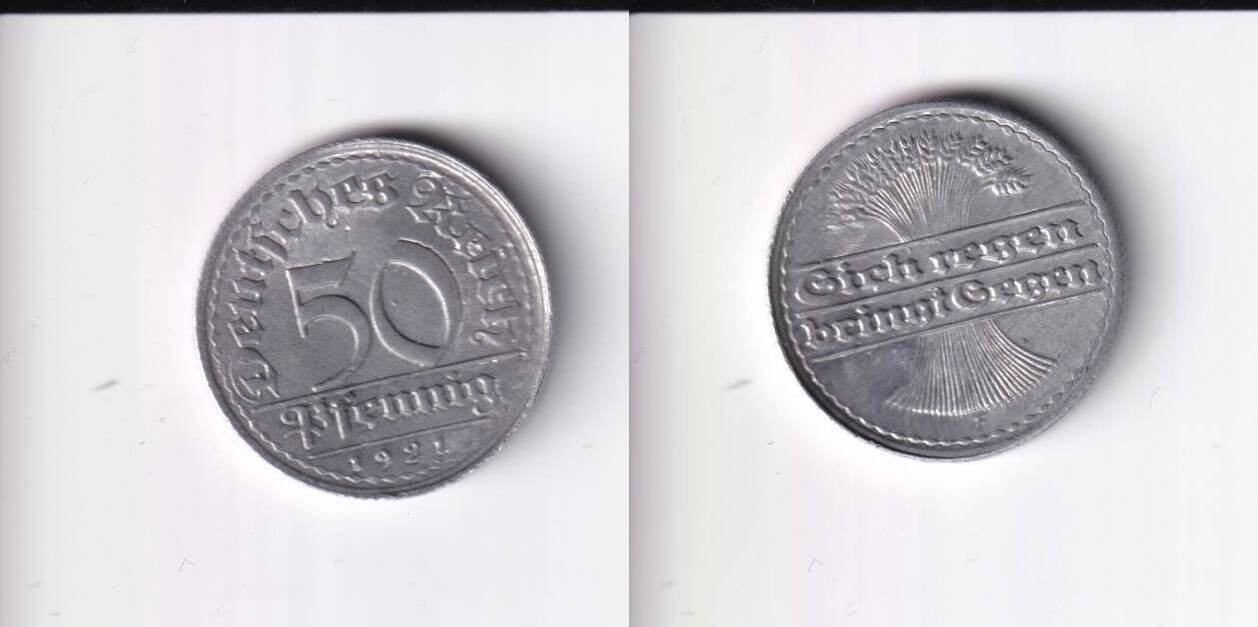 Deutsches Reich, Weimarer Republik, 50 Pfennig 1921 Mz. E Aluminium, EF., rechts erhöhter Rand Deutsches Reich, Weimarer Republik, 50 Pfennig 1921 Mz. E Aluminium, EF., rechts erhöhter Rand