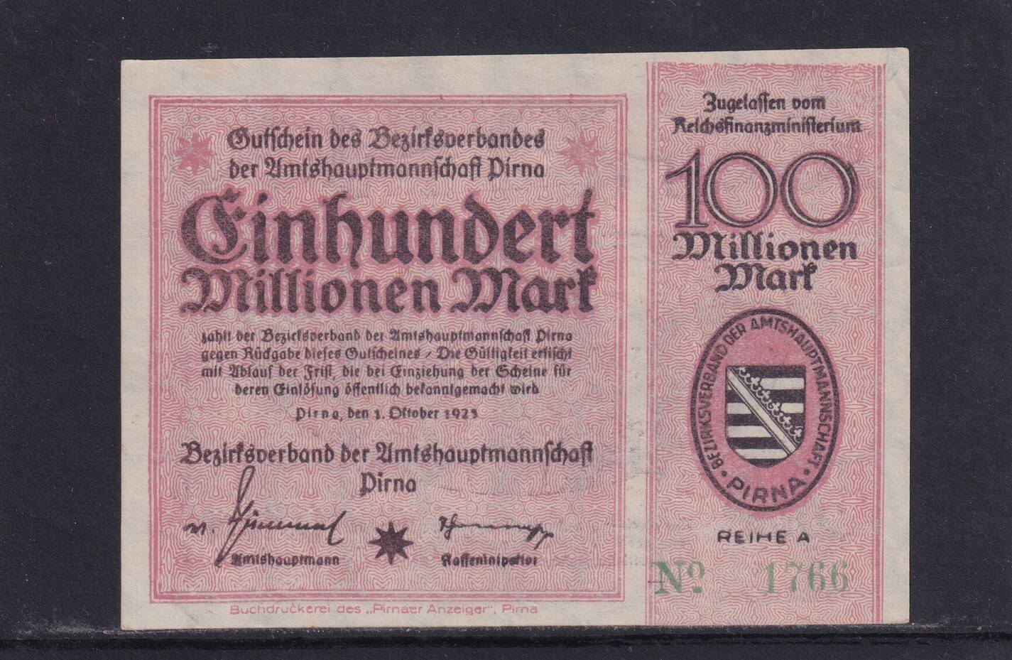 Weimarer Republik Sachsen 100 Millionen Mark 1923 Pirna