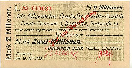 2 Mio Mark 26 Juli 1923 Sachsen Chemnitz Dresdner Bank Auf Adca