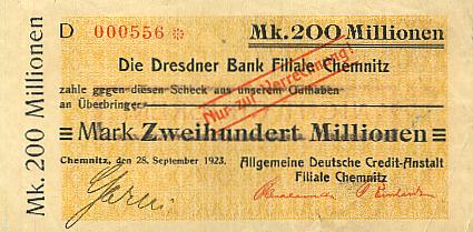 200 Mio Mark 28 September 1923 Sachsen Chemnitz Adca Auf Dresdner