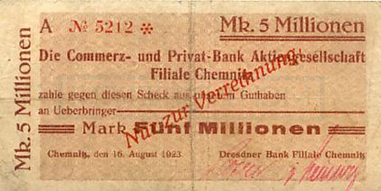 5 Mio Mark 16 August 1923 Sachsen Chemnitz Dresdner Bank Auf Cupb