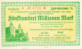 Deutsches Reich,Sachsen, 500 Milionen Mark Glauchau Amtshauptmannschaft, -