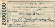 Deutsches Reich, Thüringen, 2 Millionen Mark Gera-Zwötzen, Wesselmann-Bohrer-Co. , A. -G. auf Bankhaus Gebr.Oberlaender, -