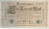 Deutsches Reich, Weimarer Republik, 1000 Mark Ro.46b,DEU-69,KN 7stellig, grün, Serie:C, Udr. Bst.: F, -