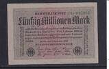 Weimarer Republik, Reichsbank, 50 Millionen Mark Ro.108b, DEU-122b, Papier grau, Wz.Kreuzbl., KN: 6 stellig ,FZ: grün P, -