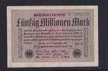 Weimarer Republik, Reichsbank, 50 Millionen Mark Ro.108e, DEU-123h, Papier weiß, KN 6stellig grün, Wz. Hakensterne, FZ:MM, -
