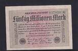 Weimarer Republik, Reichsbank, 50 Millionen Mark Ro.108e, DEU-123h, Papier weiß, KN 6stellig grün, Wz. Hakensterne, FZ:FM, -