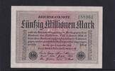 Weimarer Republik, Reichsbank, 50 Millionen Mark Ro.108e, DEU-123h, Papier weiß, KN 6stellig grün, Wz. Hakensterne, FZ:DV, -