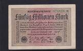 Weimarer Republik, Reichsbank, 50 Millionen Mark Ro.108e, DEU-123h, Papier weiß, KN 6stellig grün, Wz. Hakensterne, FZ:YZ, -