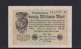 Weimarer Republik, Reichsbank, 20 Millionen Mark Ro.107e, DEU.121h, Wz. Hakensterne, FZ: VB, KN 6 stellig, -