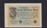 Weimarer Republik, Reichsbank, 20 Millionen Mark Ro.107e, DEU.121h, Wz. Hakensterne, FZ: MB, KN 6 stellig, -