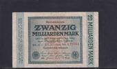 Weimarer Republik, Reichsbank, 20 Milliarden Mark Ro.115e, DEU-137c, Wz. Ringe, KN 6 stellig, FZ: KH, schwarzblau, -