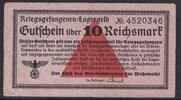 10 Reichsmark o.D. (1939-1945) Deutsches Reich, Drittes Reich, Ro.521a, DWM-27a, Kriegsgefangenenlager, stark gebraucht IV+,