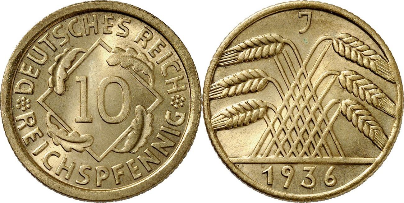 Weimar 10 Reichspfennig 1936 J Ch Unc Ma Shops