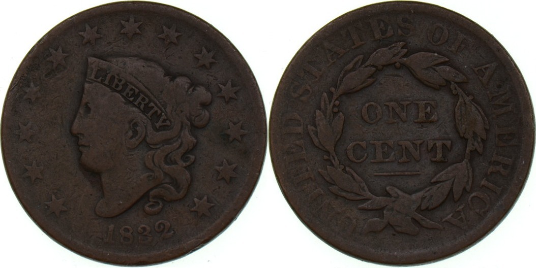 USA 1 Cent Coronet Cent 1832 s / VF