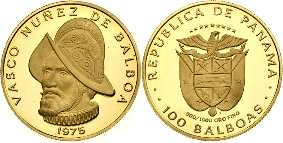 100 Panama 1975 BALBOA VASCO NUNEZ DE BALBOA 8,16 G oro 900 PP/Proof 