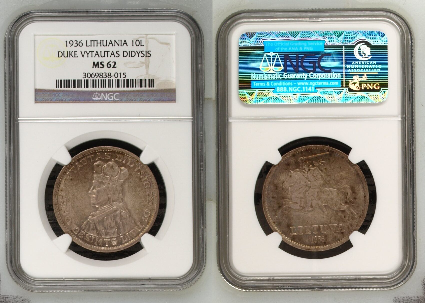 10 litu 1936 Lithuania Vytautas the Great 10 litas silver coin MS62