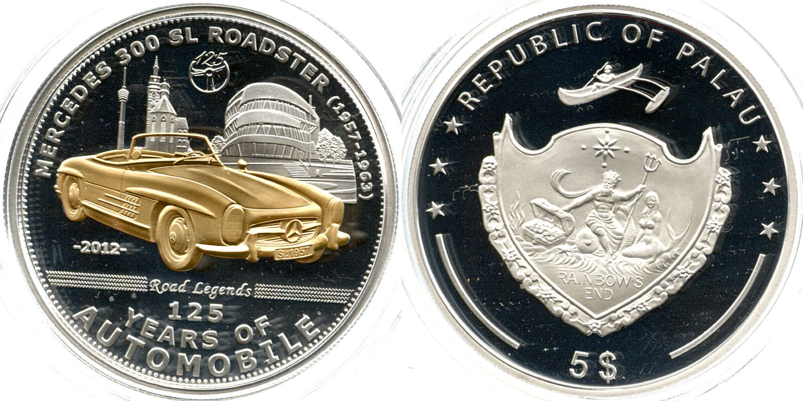 Palau 5 Dollar 2012 125 Jahre Automobile, Road Legends, Balzers, Mercedes  300 SL Roadster Proof Русские монеты из драгоценных