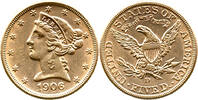 USA 5 $ Half Gold Eagle, Five Dollar, Vereinigte Staaten, Denver, Liberty Head -