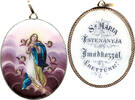 Marien Anhänger m. Email ca. 1900 (o. Jg.) Österreich-Ungarn Sz Maria Istenanyja Imadkozzal Erettünk, Jugendstil, Maria, Engel, RR Tragespuren, E...