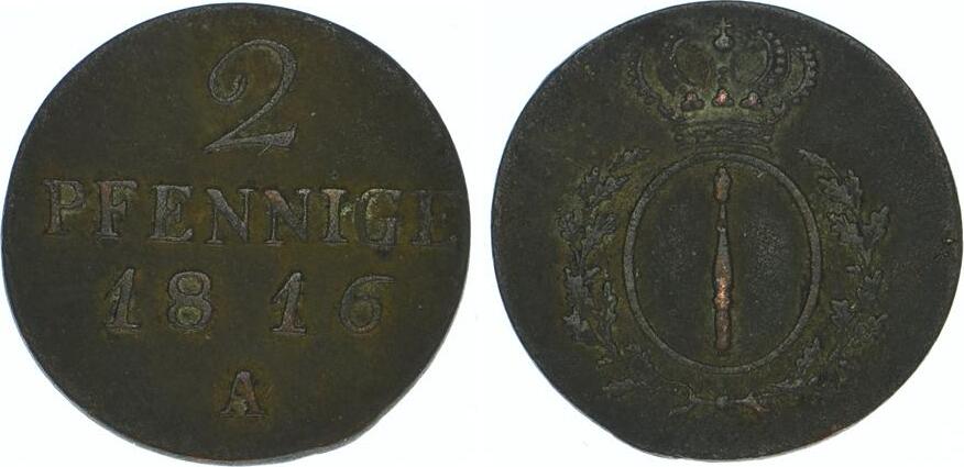 Brandenburg-Preußen Cu 2 Pfennig 1816 A Friedrich Wilhelm III